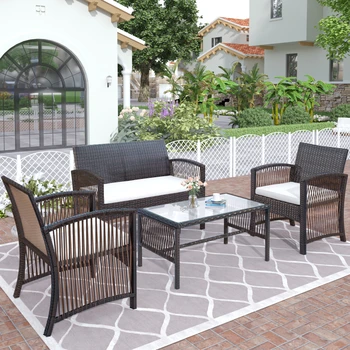 4Pcs Outdoor Patio Furniture Set 3 Chair and Sofa set with 1 Coffee Table for Garden Backyard Porch & Poolside  1