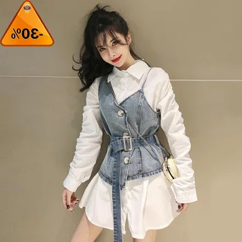 

Chic Women Suits Bandage Slim Waist Denim Sling Vest Solid Lapel Pleated Midi Long Blouse Ladies Casual Two Pieces Sets