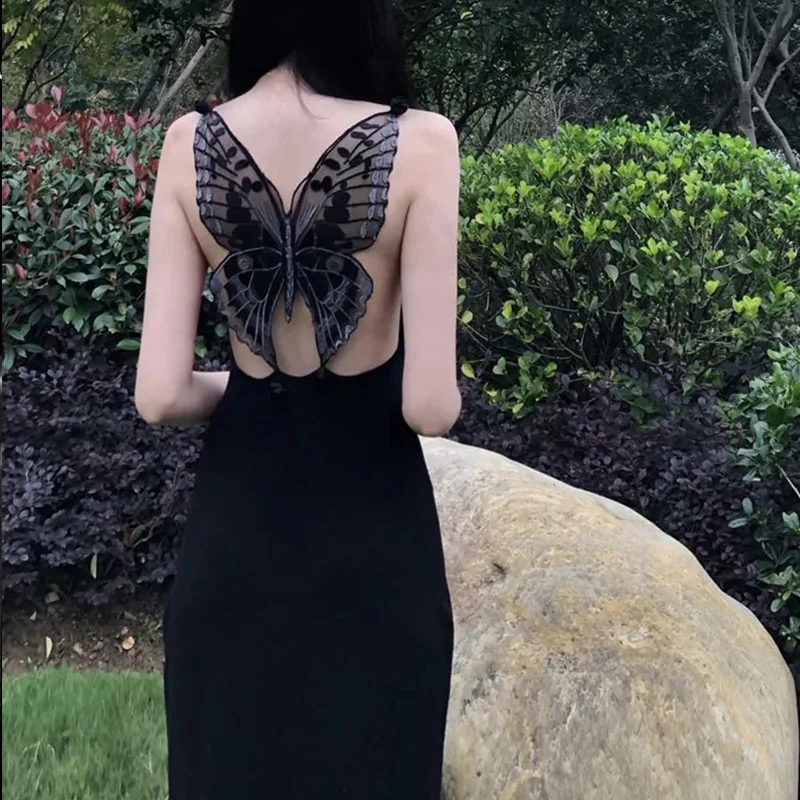 Black Gothic Lady Sexy Backless Long Dress Summer Girl Butterfly Mesh Hollow Out Harajuku Sleevless Dresses Korean Fashion Cloth
