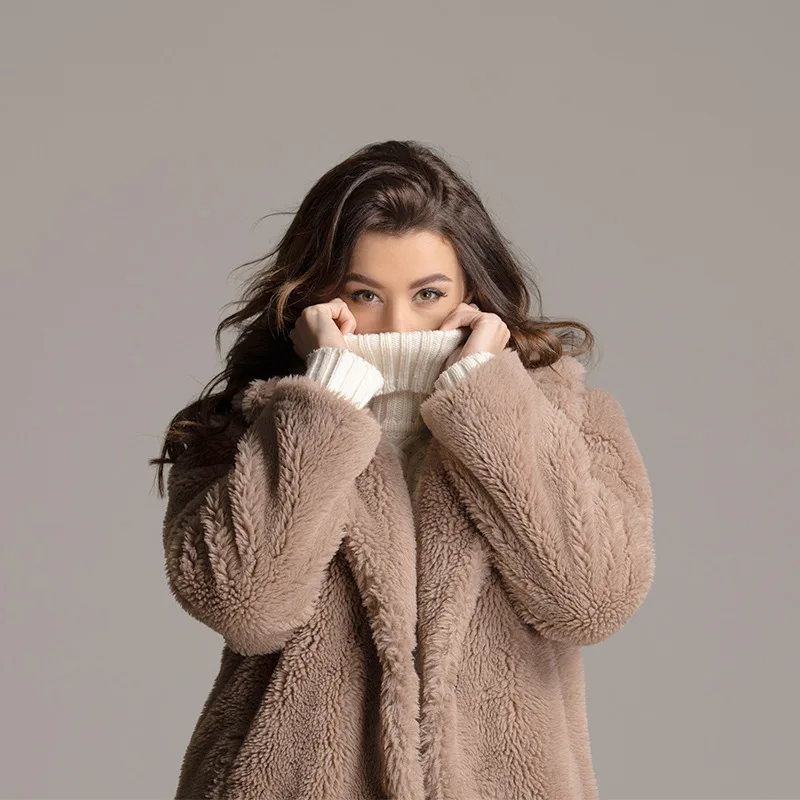 

Russia Free shipping Euro-American hot selling in autumn and winter new Lapel imitation fur Teddy hair long brown coat women