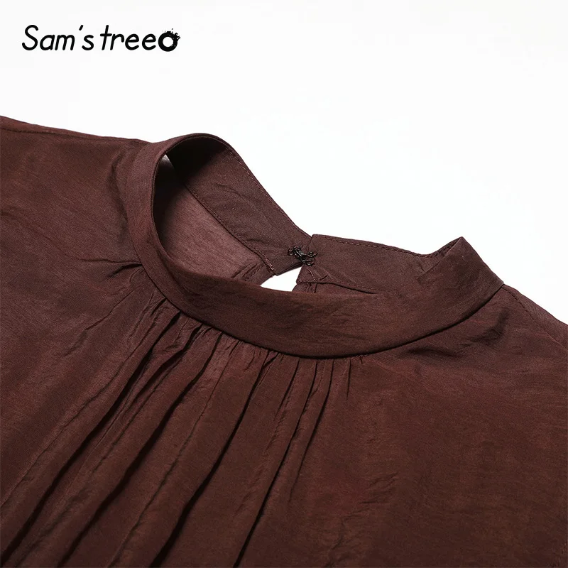 Samstree коричневые однотонные плиссированные минималистичные стильные Многослойные женские платья осень ТРАПЕЦИЕВИДНОЕ элегантное женское платье без рукавов