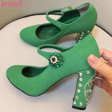 Knsvvli/туфли со стразами на не сужающемся книзу массивном каблуке; женские туфли-лодочки; обувь для вечеринок из замши с пряжкой на высоком каблуке; Цвет зеленый, черный; женская обувь; Zapatos De Mujer