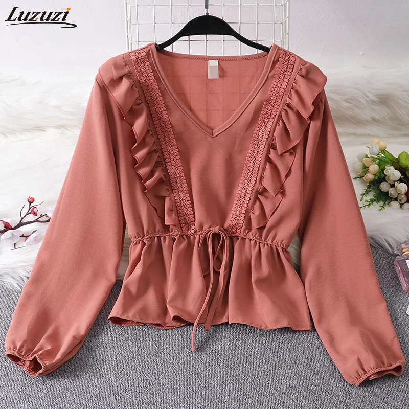 

Luzuzi Drawstring Sash Ruffles Women Blouse V-Neck Lace Patchwork Vintage Blusa 2019 Spring Summer Solid Slim Fashion Tops Lady