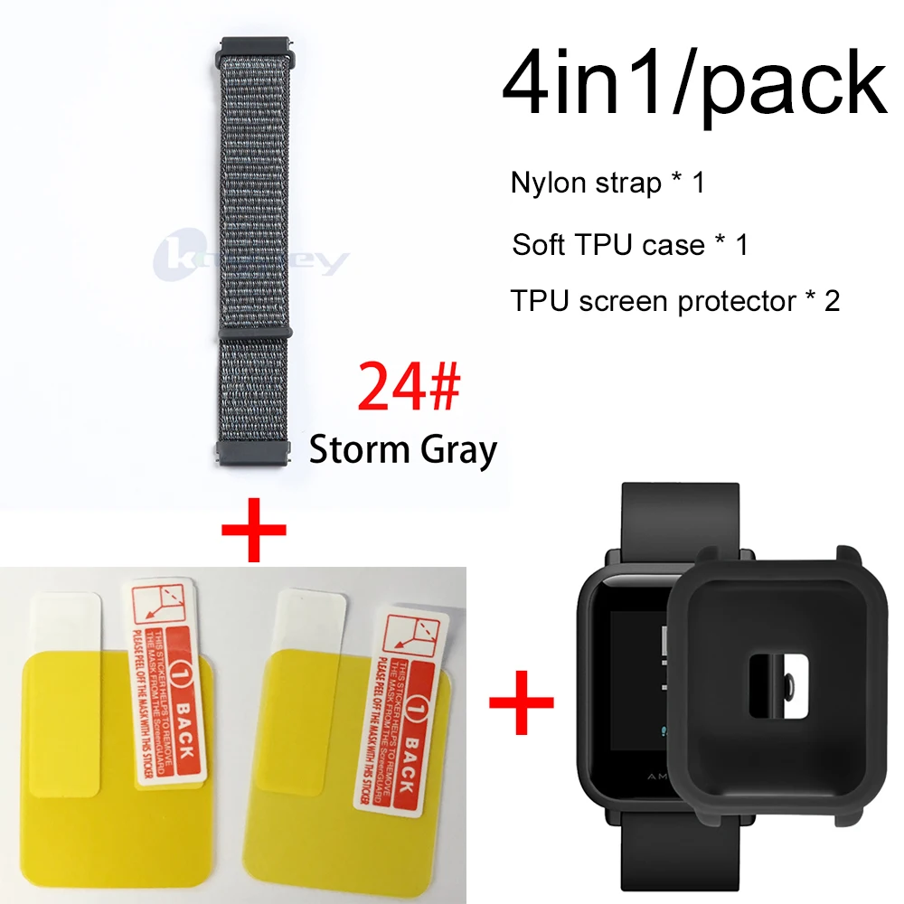 4в1/упаковка нейлоновый ремешок для Xiaomi Huami Amazfit Bip BIT Youth Watch ремешок на запястье браслет Резина Amazfit bip мягкий чехол - Цвет: 24-Black case