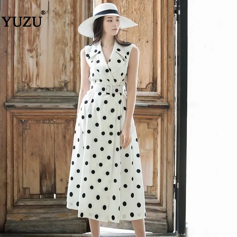 

Vintage Office Polka Dot Long Dress Summer 2020 A-line Sleeveless Belt Notched Collar Loose Elagant Business Midi Dresses