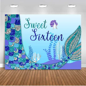 

Mocsicka Sweet Sixteet Mermaid Backdrop Happy 16th Birthday Party Decoration Background Under The Sea Blue Photo Backdorps