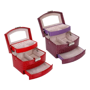 

2 Pcs Automatic Leather Jewelry Box Three-Layer Storage Box for Women Earring Cosmetic Organizer Casket(Purple &Red)