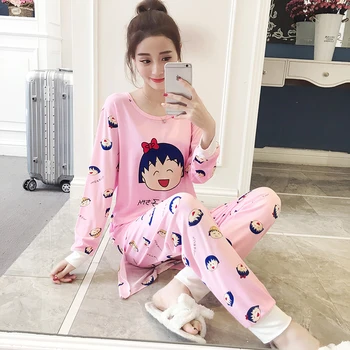 

Cartoon Print Female Pajama Sets For Spring Thin Cotton Good Quality Long Sleeve+Pants Leisure Comfortable Home Suits