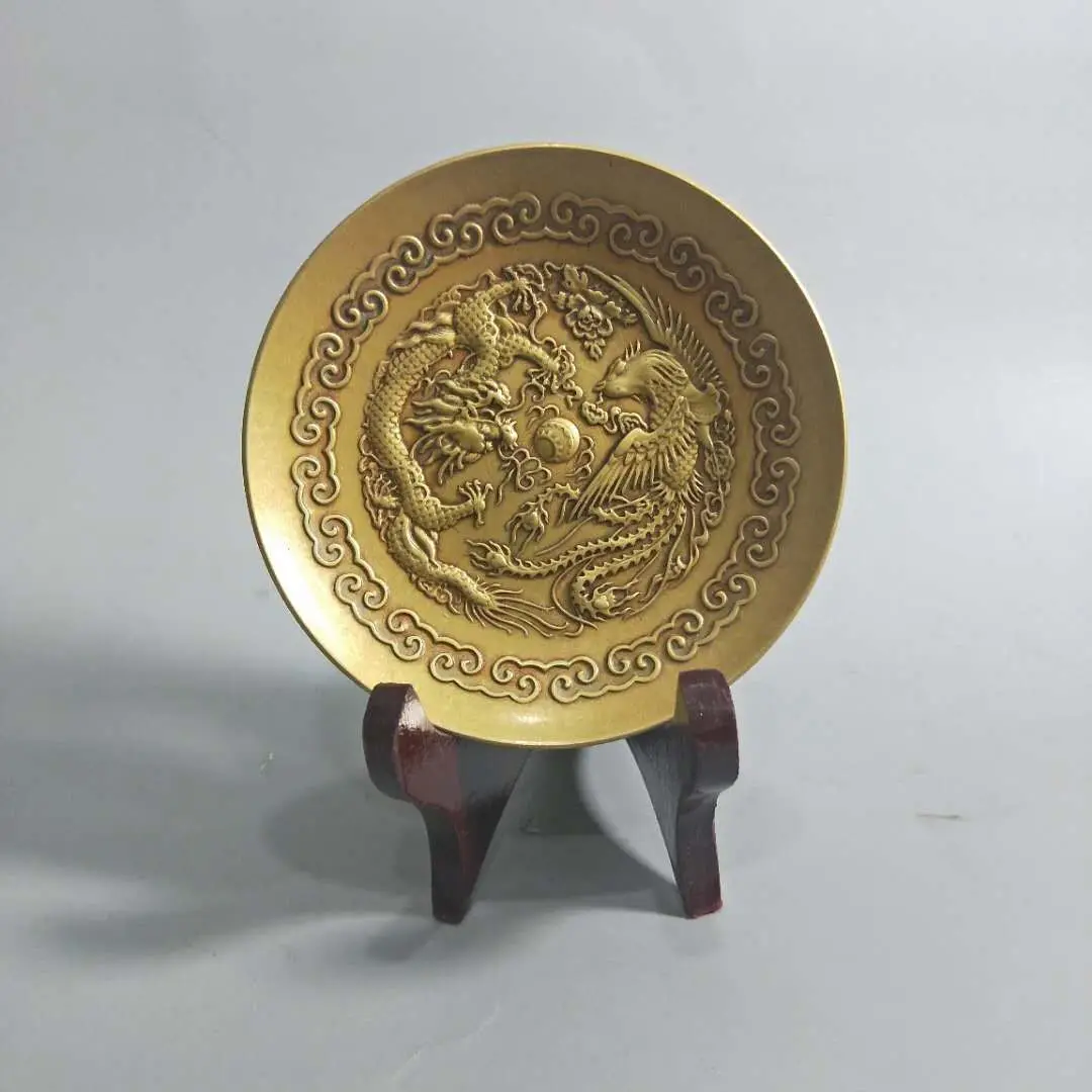 

Китайская разработка, латунная гравировка, прописивная маленькая тарелка «Дракон и Феникс», металлические поделки, украшение для дома