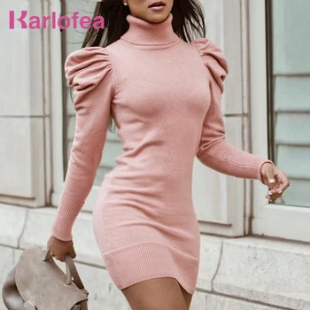 

Karlofea Autumn Winter Knitted Jumper Dress Chic Turtle Neck Puff Sleeve Sweater Dress Casual Lovely Elegant Daily Outfits Wear