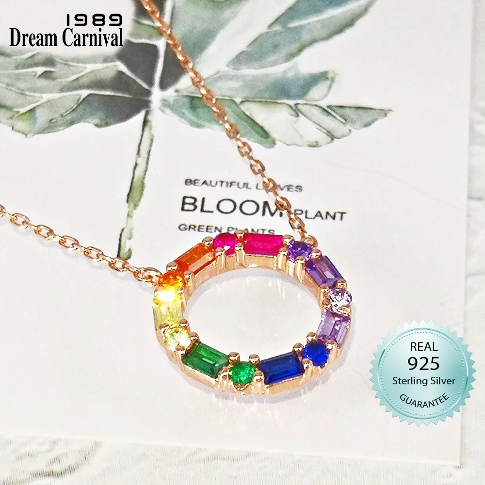 

DreamCarnival1989 Elegant Round Pendant Necklace for Women Solid Silver Rainbow Color Zircon Party Everyday Fine Jewelry SN08624
