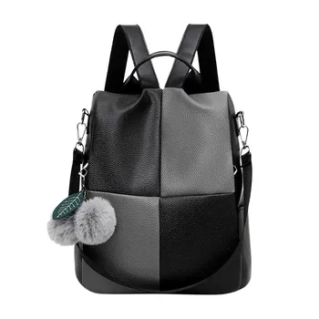 

Aelicy Ladies Fashion Hairball Stitching Leather Waterproof Backpack Girl Hairball Patchwork School Backpack School Bag 2020