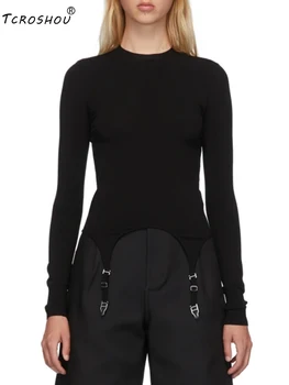 

Hem Button Shape Irregular Round Neck Knitted Sweater Pullover Ladies Autumn New Style Thin Style Fashion Free Shipping