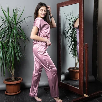 

HiLoc Pure Color Short Sleeve Sleepwear Satin Women Two Piece Set Top And Pants Round Neck Lounge Wear Female Pajamas Set Autumn