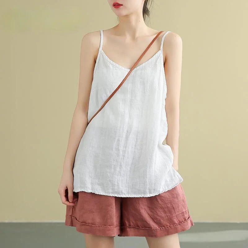 Women's Summer Top Cotton Linen Spaghetti Strap Top Women Halter V Neck Basic Yellow Sleeveless Tank Tops Loose Casual Camis 4