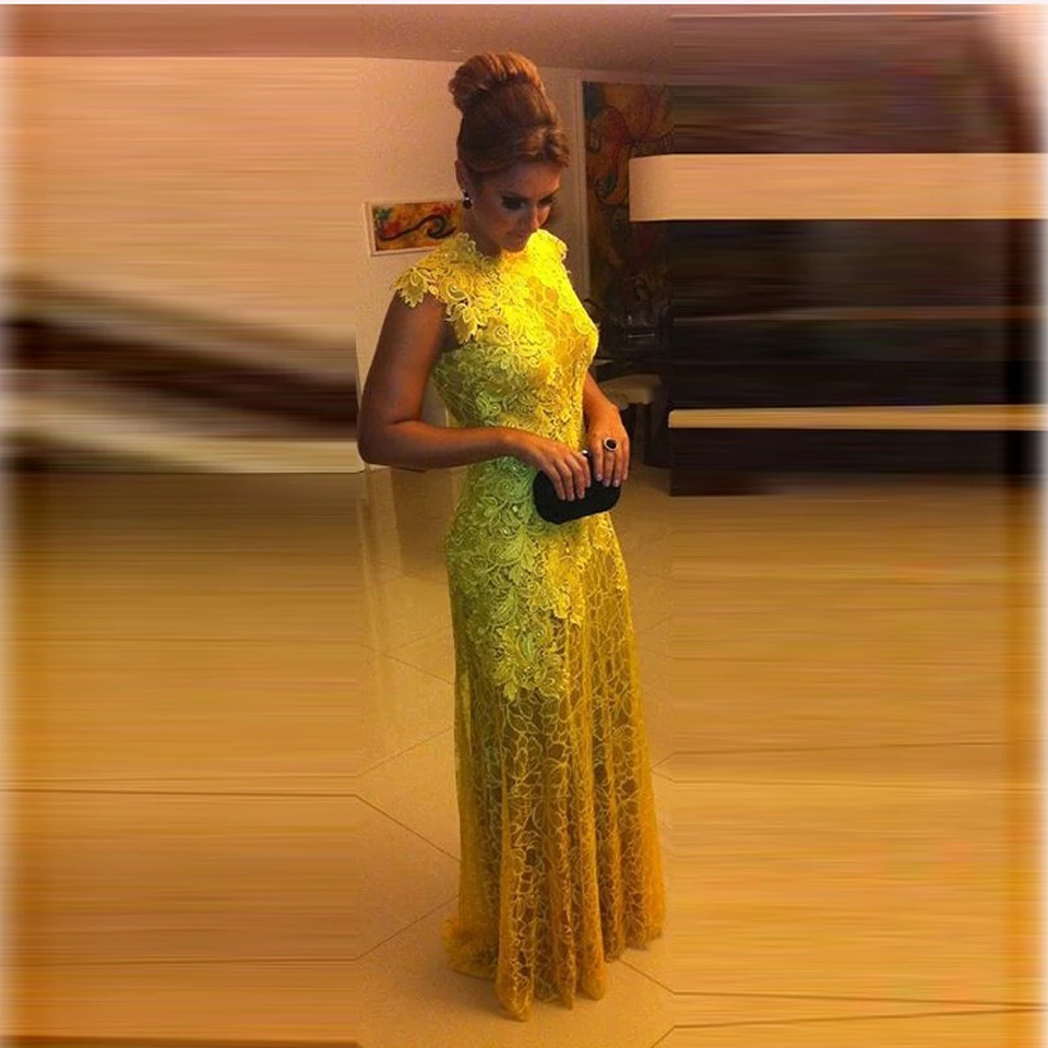

Prom 2019 new Vestido de Formatura Free Shipping Yellow Lace Long Evening Party with Back Open mother of the bride dresses