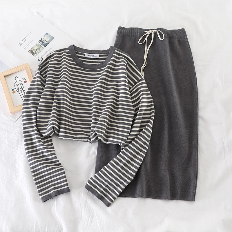 

Mooirue Autumn Winter Kintting Women Two Piece Outfits Striped Long Sleeve Tops High Waist Slim Skirt Vintage Outfits For Women