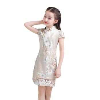 

Vintage Embroidery Flowers Qipao Age For 2 - 14 Years Baby Girls Lace Dress Chinese Style Cheongsam 2021 New Summer Kids Frocks