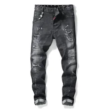 Европейский и американский стиль dsq брендовые джинсы мужские s джинсы роскошные мужские прямые джинсовые брюки на молнии с дырками тонкие черные джинсы для мужчин