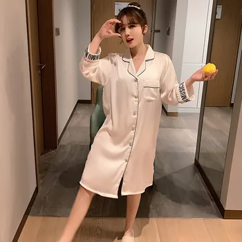 

Summer Lovely Bear Woman's Nightgown Satin Pink White Pajamas Cute Knee Length Half Sleeve Nightdress