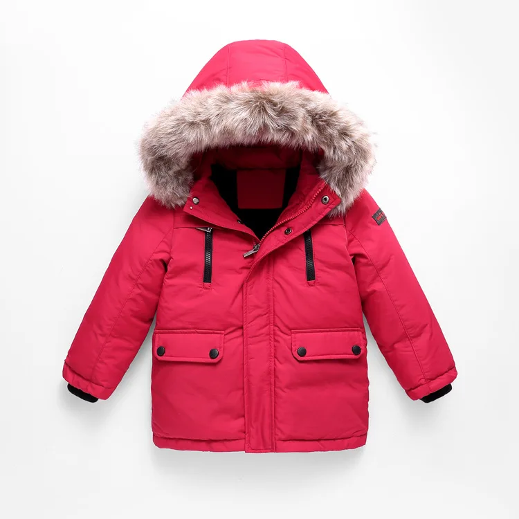 Детские зимние куртки на утином пуху с капюшоном и меховым воротником для мальчиков и девочек, пальто, одежда детская теплая пуховая парка зимний комбинезон, верхняя одежда