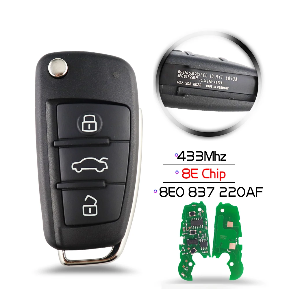 Chiave/Telecomando Per Audi A2 A3 A4 A6 A6l A8 Q7 - 3 Pulsante Flip Pieghevole 315/433mhz Chip/chip Vetro Id48 8e Chip Audi - H2637f68dee934606a0a3d2fbe2be547e3