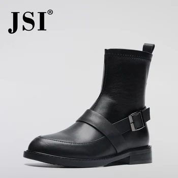 

JSI Fashion Genuine Leather Slip-On Ladies Ankle Boots Round Toe Med Heel Shoes Casual Handmade Square Heel Women Boots JO244