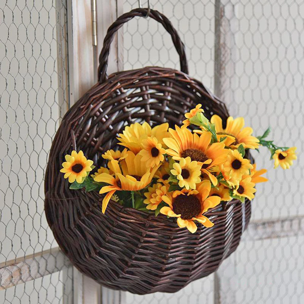 Montagem na parede rattan cesta vime vaso de flores pendurado tecido rattan vaso cestas cachepot para flores jardim varanda decoração da sua casa