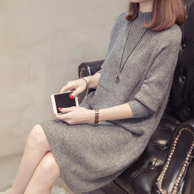 

Solid Casual Long Knitted Sweater Women 2019 Autumn Winter Half high collar Long Sleeve Pullover Loose Warm Sweaters Pull Femme