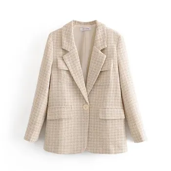 

Retro girl beige plaid suit jacket 2019 fashion new autumn lady a button simple casual elegant hipster cute wild jacket
