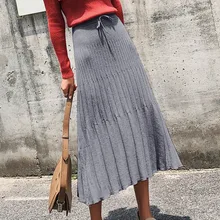 Элегантные Осенние Зимние трикотажные миди юбки женские с высокой талией трикотажные юбки повседневные корейские длинные женские винтажная плиссированная юбка