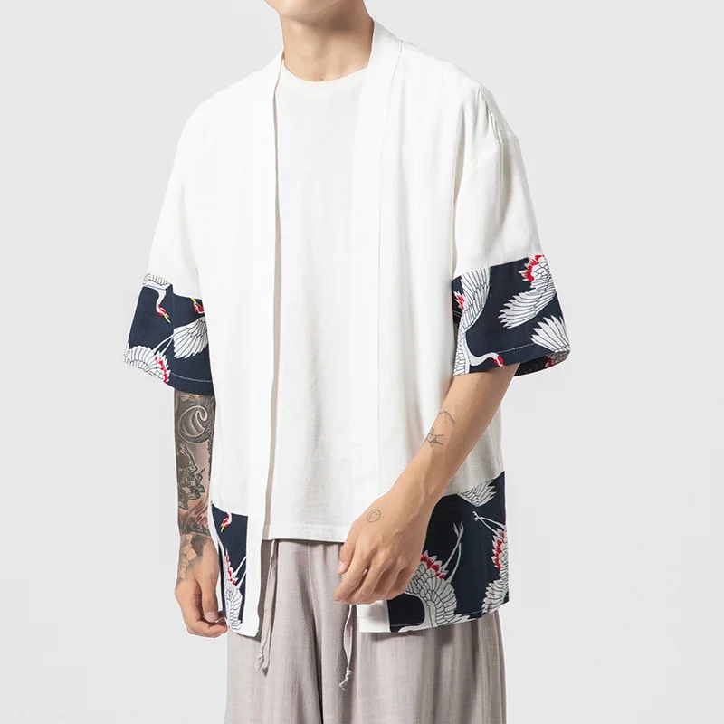 

Printed Crane Cardigan Men Kimono Japanese Clothes Streetwear Novelty Retro Chinese Style Streetwear Cotton Linen Men Shirts