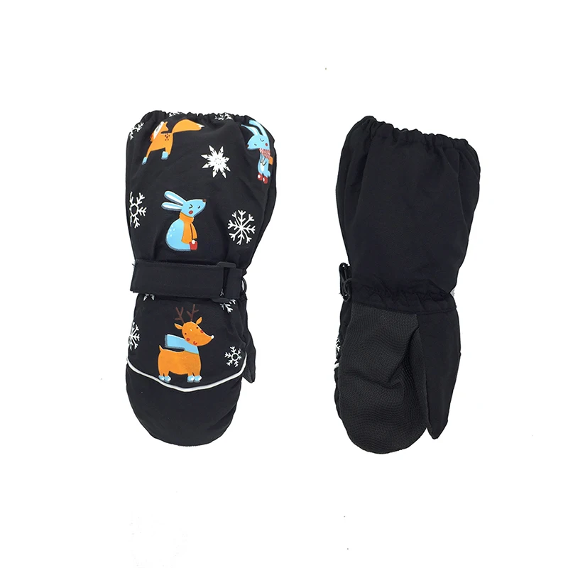 1 пара лыжных перчаток, Детские рукавицы, зимние уличные лыжные перчатки с длинными рукавами, Нескользящие утепленные лыжные перчатки с мультяшным принтом - Цвет: Черный