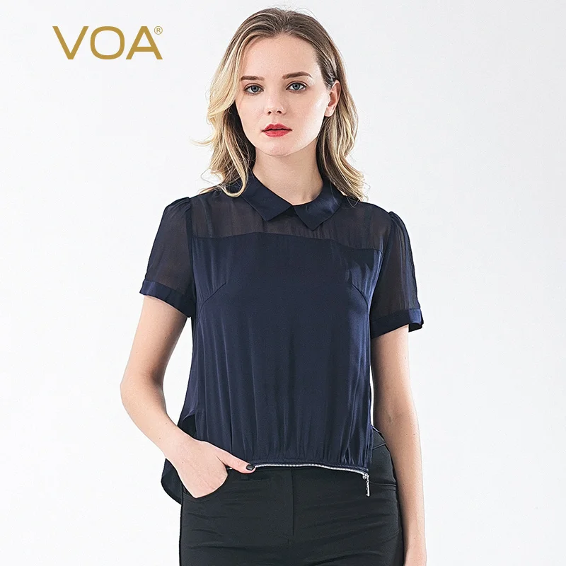 

VOA deep blue silk shirt collar back button metal zipper front short long back sense of design chic short sleeve T-shirt BJ65