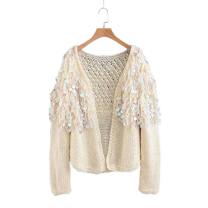 Hand Knitted Beading Cardigan Women Fringed Sweater Loose 3D Sequined Tassels Coat Hollow Wool Circles Fringed Jacket Tops