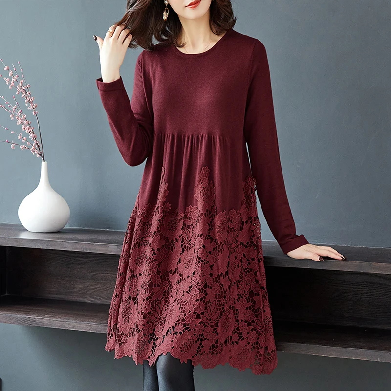 

Autumn Winter Dresses Women Patchwork Lace Embroidery Loose Sweater Clothes Plus Size Spring Casual Party Elegant Dress