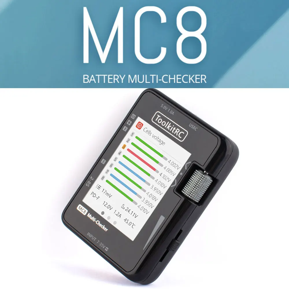 

ToolkitRC MC8 Battery Checker LCD Display Digital Battery Capacity Checker Battery Balancer for lipos ESC Servo Tester Tool