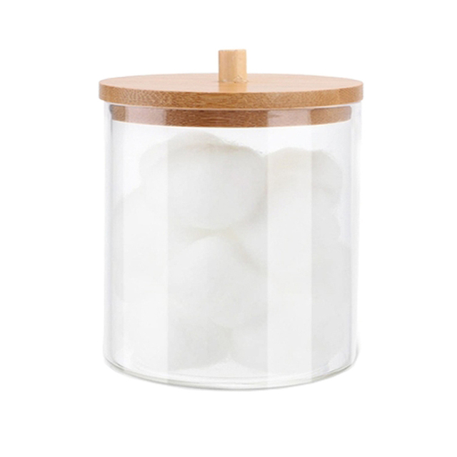 Swab Storage Bamboo Cover Acrylic Round Container Cotton Puff Storage Box Makeup Remover Box Makeup Storage Organizer