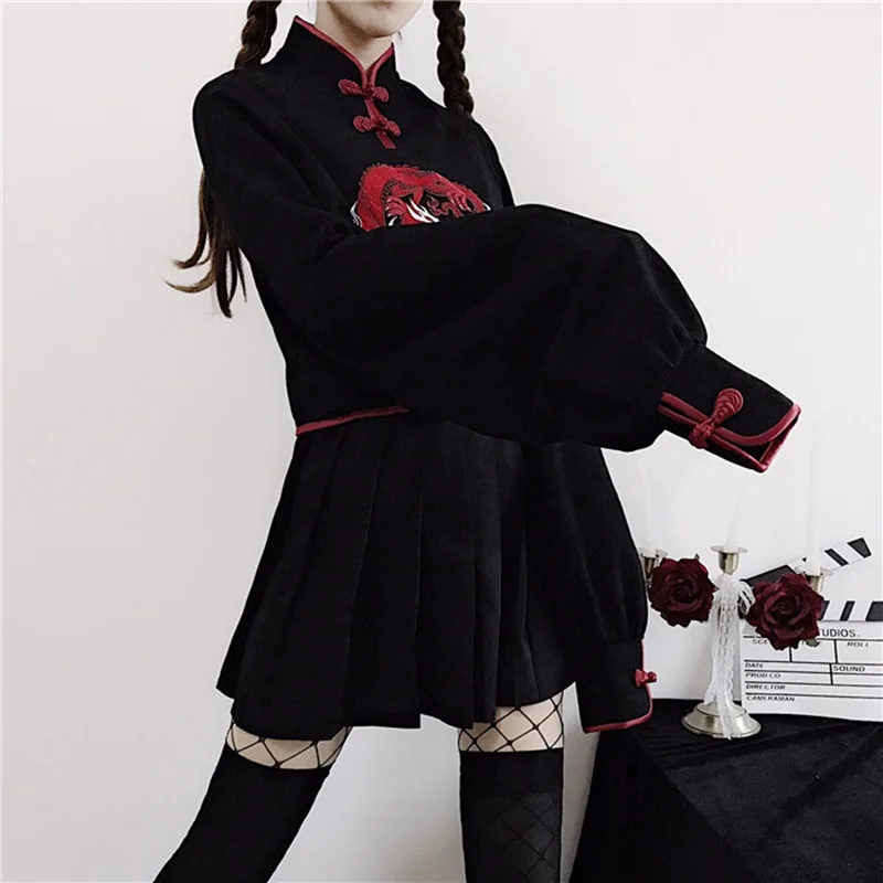 Японское кимоно стиль черный Harajuku Мори девушки дракон вышивка с длинным рукавом Cheongsam Толстовка для женщин каваи Qipao Топ FF2275