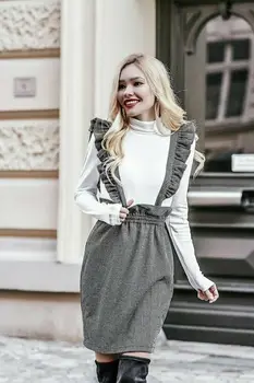 

Women Straps Braces Overall Vest Jumpsuit Skirt Ruffle Trim Sleeveless Bodycon Pencil mini Suspender skirts Autumn Winter 2019