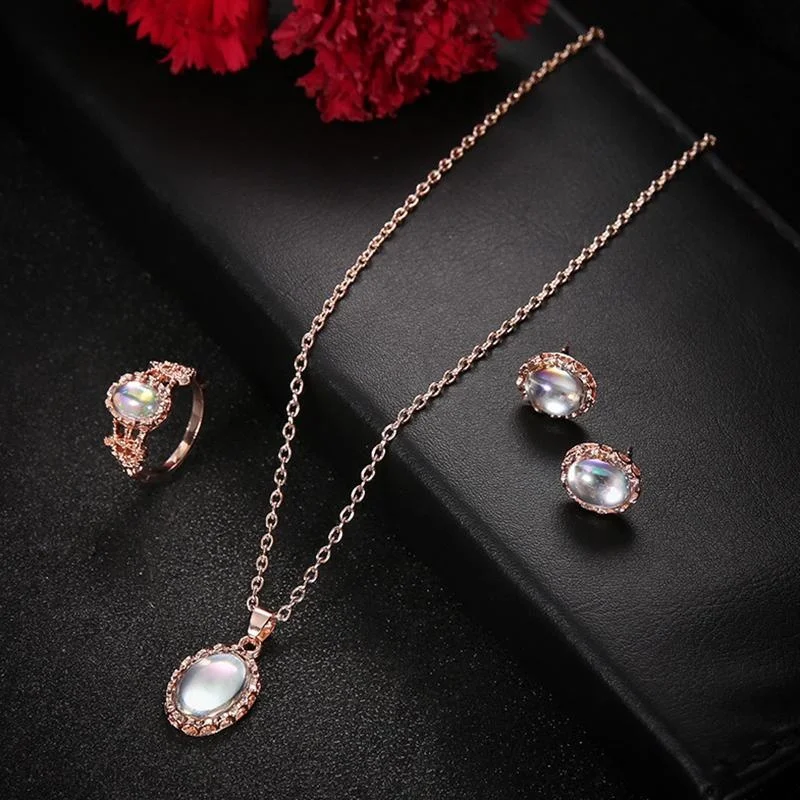 3 pcs/set of Natural Opal Jewelry Set Crystal Pendant Necklace Earrings Ring Set - Image 3