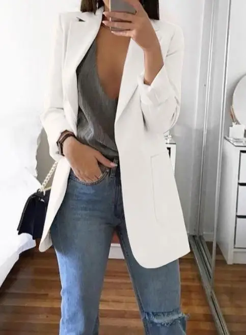 S-5XL Women Formal Blazer Pockets Casual Jackets Female Suits Coat Feminino blazers Outerwear Solid Cardigan Tops Plus Size - Цвет: Белый