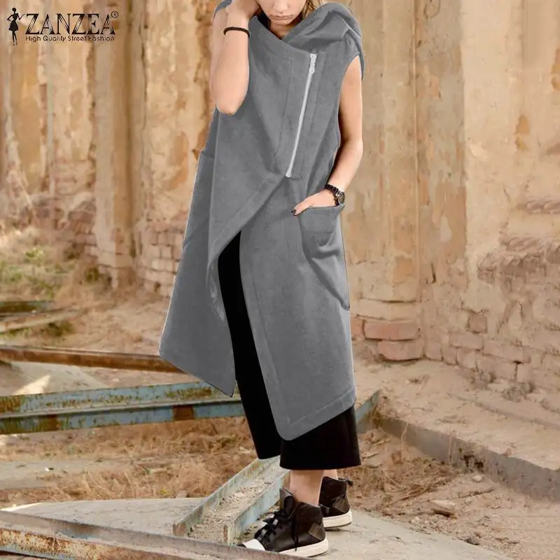 Promo 2019 ZANZEA Fashion Hooded Irregular Outerwear Women Sleeveless Jackets Autumn Casual Solid Zipper