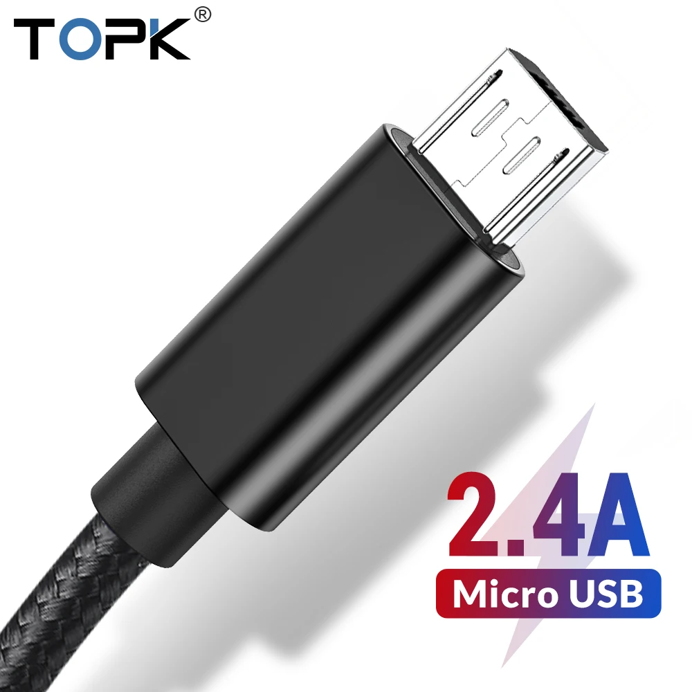 TOPK Micro USB кабель 2.4A нейлон Быстрая зарядка USB зарядка кабель для передачи данных для Android samsung Xiaomi Microusb зарядное устройство Шнур для телефона