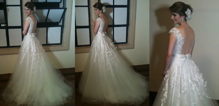 

Vintage Square Neckline Sheer Back Natural Sash Wedding Dresses for Brazilan Bridal