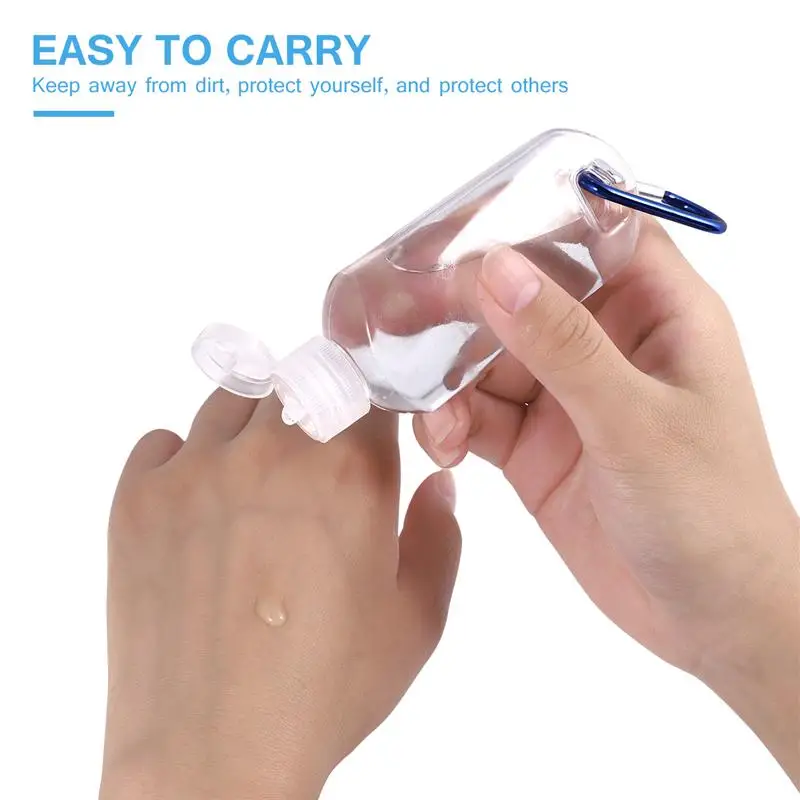 

10pcs 50ml Reusable Travel Bottle with Hook Hand Sanitizer Bottles Alcohol Containers (Transparent Bottles Random Pattern Hooks)