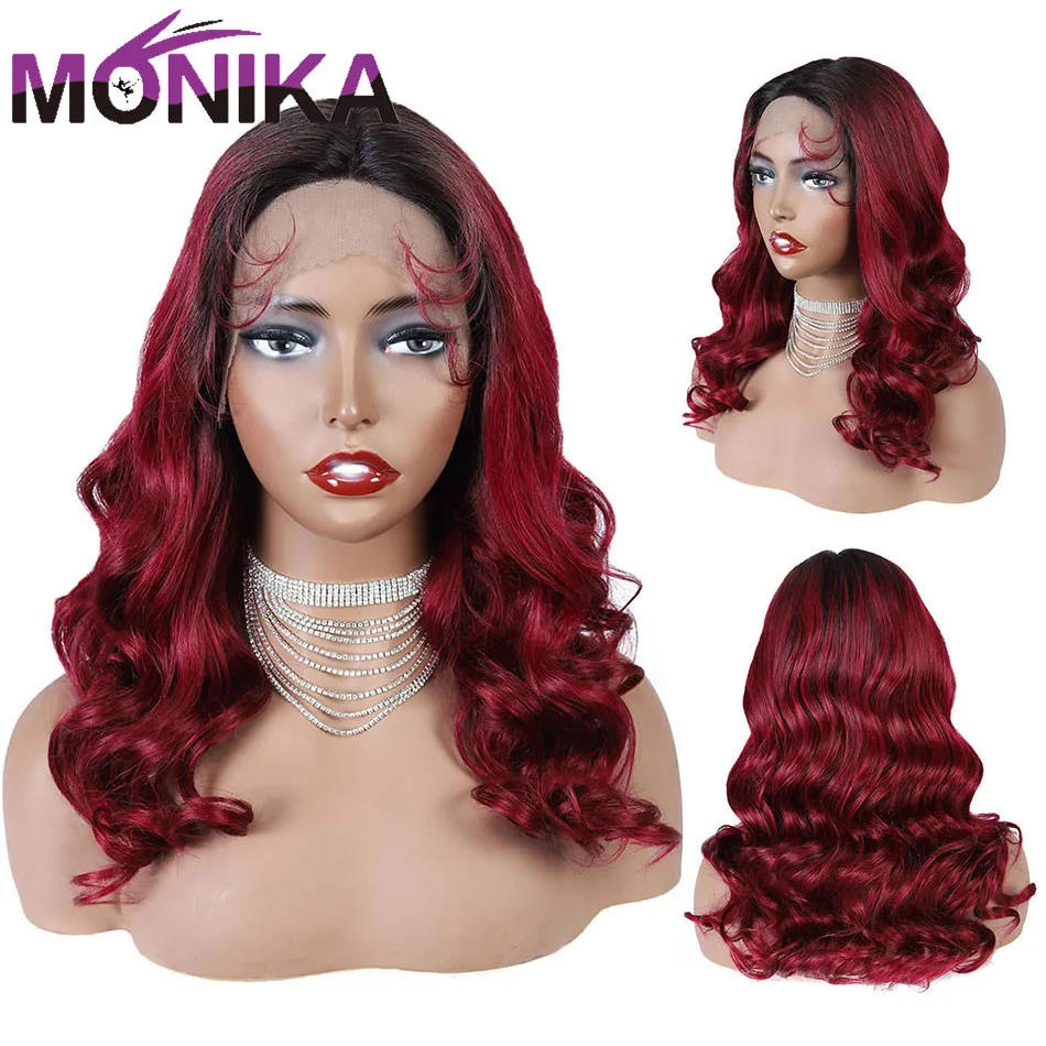 

Monika U Part Wig Human Hair Wigs Remy Hair 1B/99j Brazilian Ombre Human Hair Wig Body Wave Closure Wig 150%Density Women's Wigs