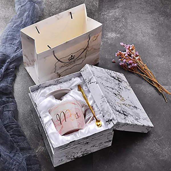 Набор кофейных кружек Mr Mrs, керамическая мраморная кофейная чашка 15 унций с крышками и ложкой в подарочной коробке