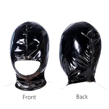 Sexy Black Wetlook Sex Bondage Mask Hood with Lockable Plush Erotic Gloves Handcuffs for Couples Fetish Slave BDSM Adult Games 4
