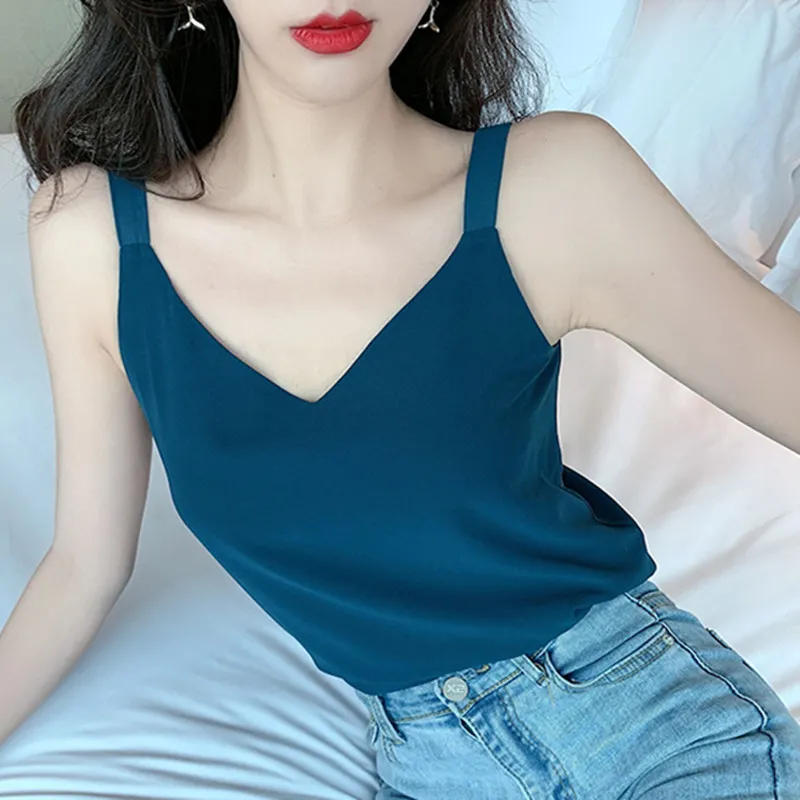 Korean Chiffon Women Tops Camis Sexy Halter Top Woman Sleeveless Solid Tank Tops Plus Size Women V-neck Camisole Basic White Top